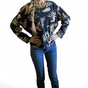 Vintage tropical navy pullover sweatshirt cotton leaf printed retro sweater M